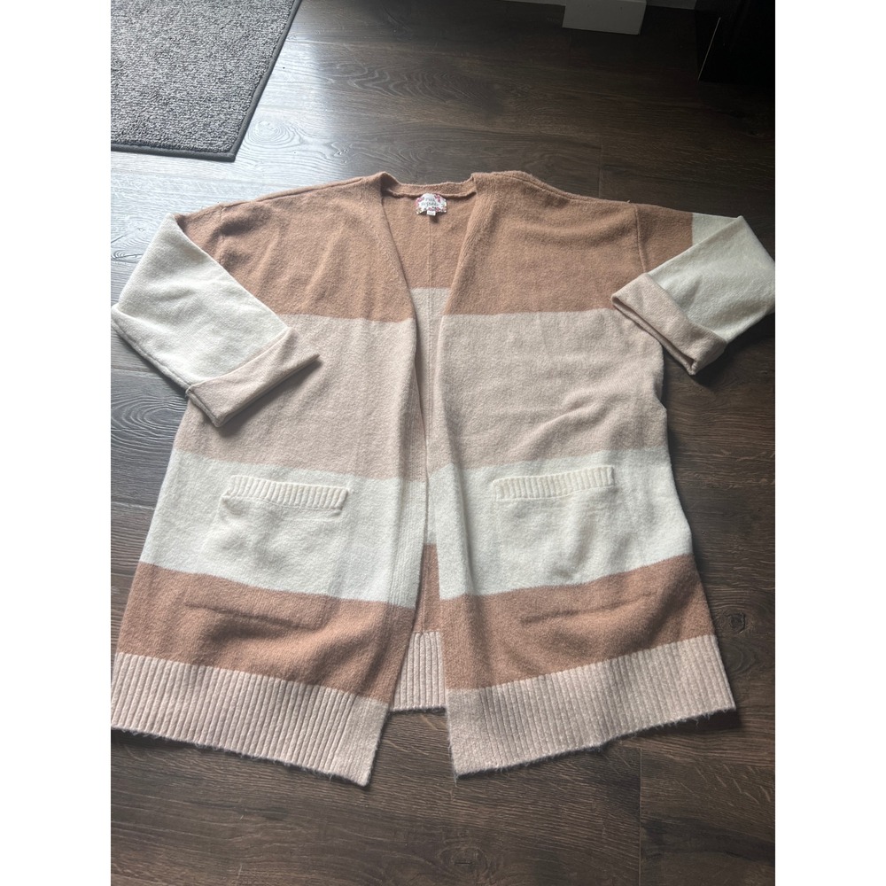 Pink Republic Womens 2X Colorblock Striped Open Front Cardigan Tan Beige